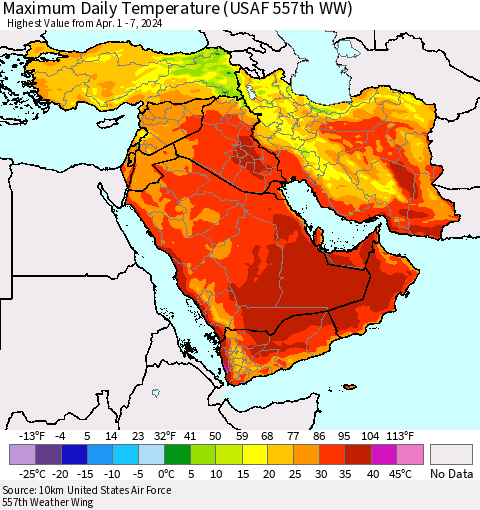Middle East and Turkey Maximum Daily Temperature (USAF 557th WW) Thematic Map For 4/1/2024 - 4/7/2024