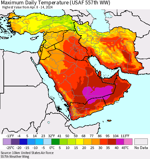 Middle East and Turkey Maximum Daily Temperature (USAF 557th WW) Thematic Map For 4/8/2024 - 4/14/2024