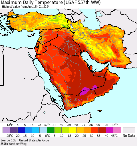 Middle East and Turkey Maximum Daily Temperature (USAF 557th WW) Thematic Map For 4/15/2024 - 4/21/2024