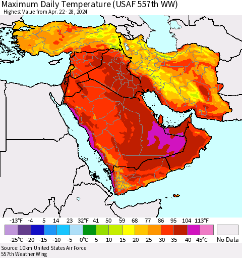 Middle East and Turkey Maximum Daily Temperature (USAF 557th WW) Thematic Map For 4/22/2024 - 4/28/2024