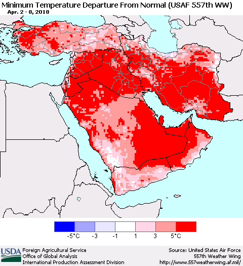 Middle East and Turkey Mean Minimum Temperature Departure from Normal (USAF 557th WW) Thematic Map For 4/2/2018 - 4/8/2018