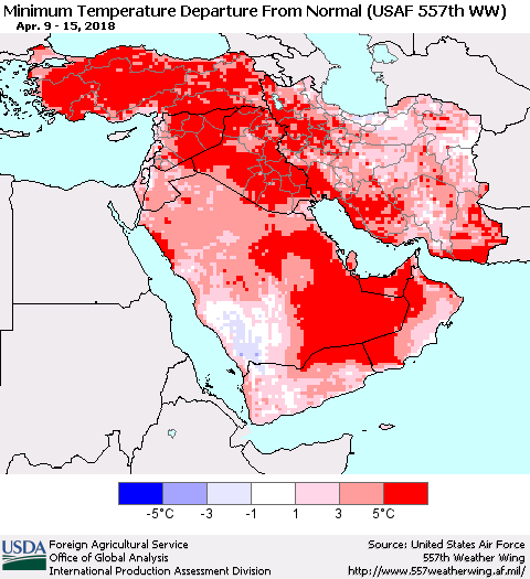 Middle East and Turkey Mean Minimum Temperature Departure from Normal (USAF 557th WW) Thematic Map For 4/9/2018 - 4/15/2018