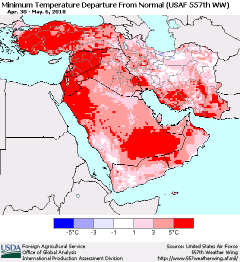 Middle East and Turkey Mean Minimum Temperature Departure from Normal (USAF 557th WW) Thematic Map For 4/30/2018 - 5/6/2018