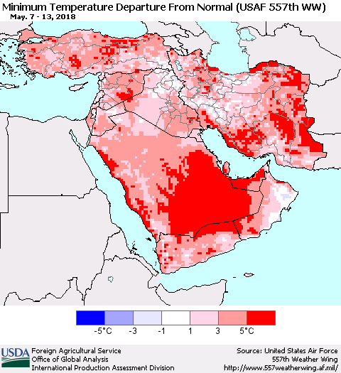 Middle East and Turkey Mean Minimum Temperature Departure from Normal (USAF 557th WW) Thematic Map For 5/7/2018 - 5/13/2018