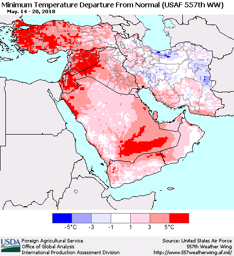 Middle East and Turkey Mean Minimum Temperature Departure from Normal (USAF 557th WW) Thematic Map For 5/14/2018 - 5/20/2018