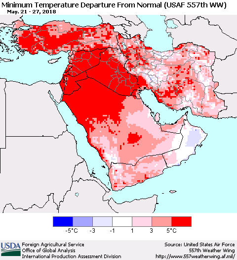 Middle East and Turkey Mean Minimum Temperature Departure from Normal (USAF 557th WW) Thematic Map For 5/21/2018 - 5/27/2018