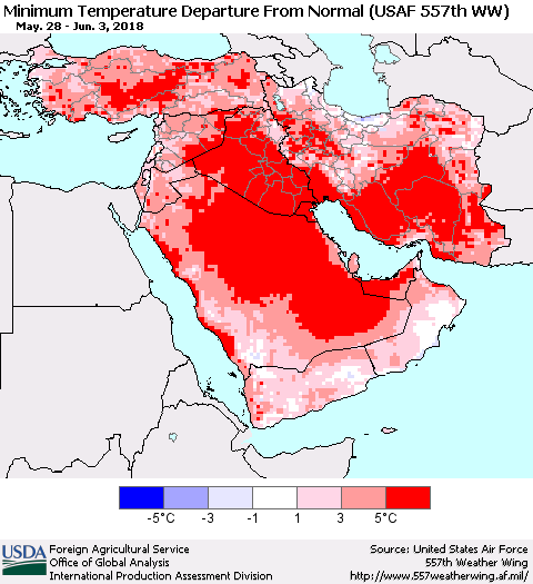 Middle East and Turkey Mean Minimum Temperature Departure from Normal (USAF 557th WW) Thematic Map For 5/28/2018 - 6/3/2018