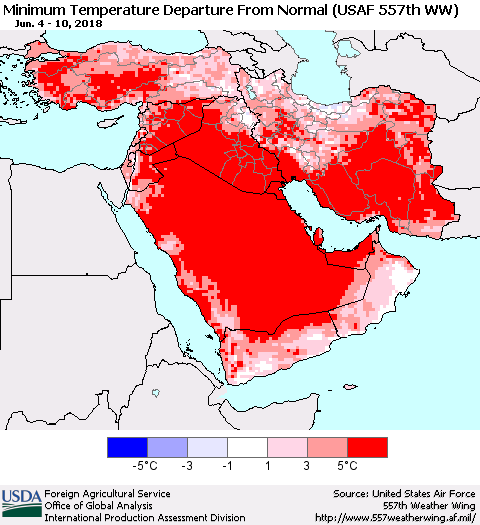 Middle East and Turkey Mean Minimum Temperature Departure from Normal (USAF 557th WW) Thematic Map For 6/4/2018 - 6/10/2018