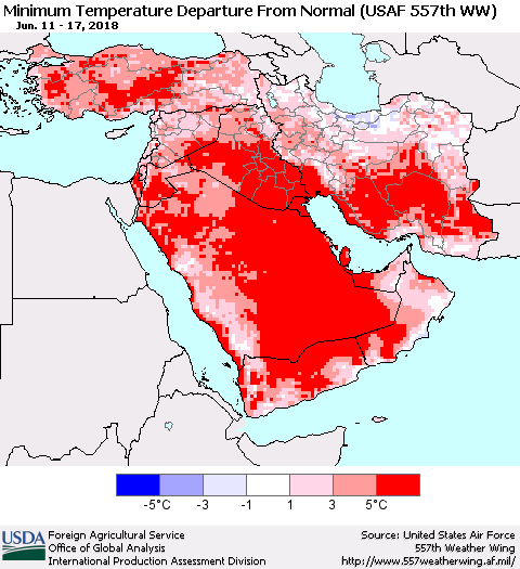 Middle East and Turkey Mean Minimum Temperature Departure from Normal (USAF 557th WW) Thematic Map For 6/11/2018 - 6/17/2018