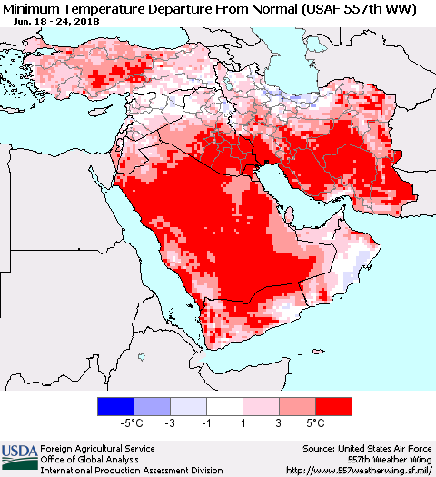 Middle East and Turkey Mean Minimum Temperature Departure from Normal (USAF 557th WW) Thematic Map For 6/18/2018 - 6/24/2018