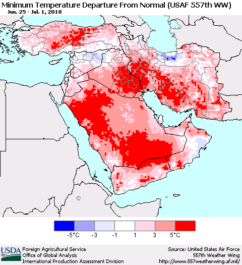 Middle East and Turkey Mean Minimum Temperature Departure from Normal (USAF 557th WW) Thematic Map For 6/25/2018 - 7/1/2018