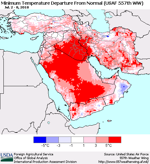 Middle East and Turkey Mean Minimum Temperature Departure from Normal (USAF 557th WW) Thematic Map For 7/2/2018 - 7/8/2018