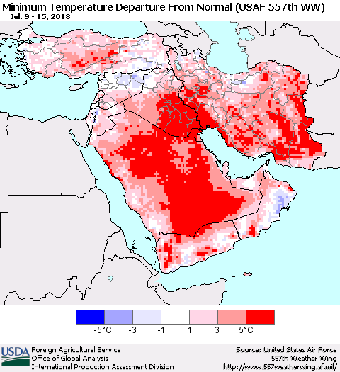 Middle East and Turkey Mean Minimum Temperature Departure from Normal (USAF 557th WW) Thematic Map For 7/9/2018 - 7/15/2018