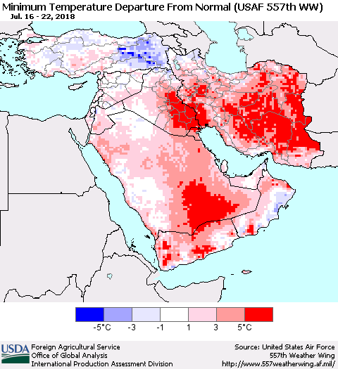 Middle East and Turkey Mean Minimum Temperature Departure from Normal (USAF 557th WW) Thematic Map For 7/16/2018 - 7/22/2018