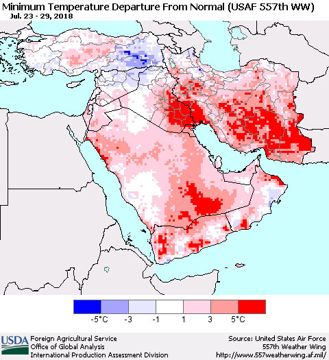 Middle East and Turkey Mean Minimum Temperature Departure from Normal (USAF 557th WW) Thematic Map For 7/23/2018 - 7/29/2018