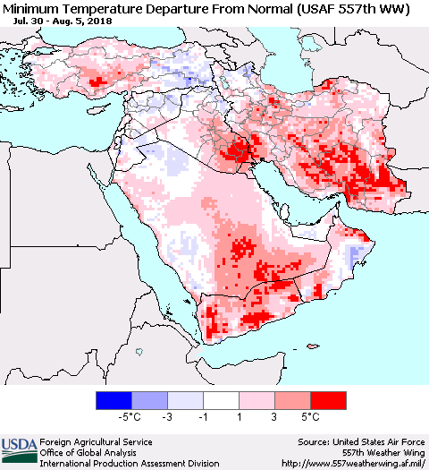 Middle East and Turkey Mean Minimum Temperature Departure from Normal (USAF 557th WW) Thematic Map For 7/30/2018 - 8/5/2018