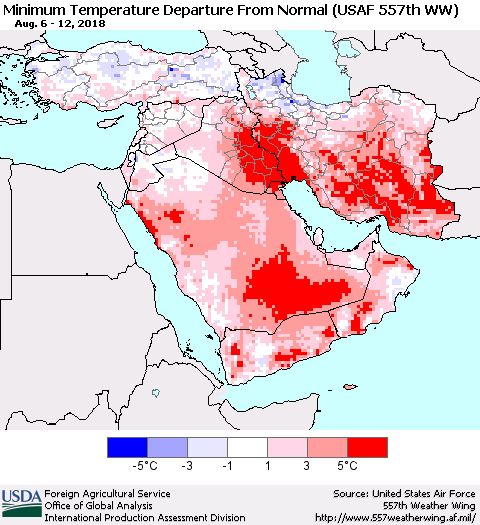 Middle East and Turkey Mean Minimum Temperature Departure from Normal (USAF 557th WW) Thematic Map For 8/6/2018 - 8/12/2018
