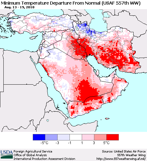 Middle East and Turkey Mean Minimum Temperature Departure from Normal (USAF 557th WW) Thematic Map For 8/13/2018 - 8/19/2018