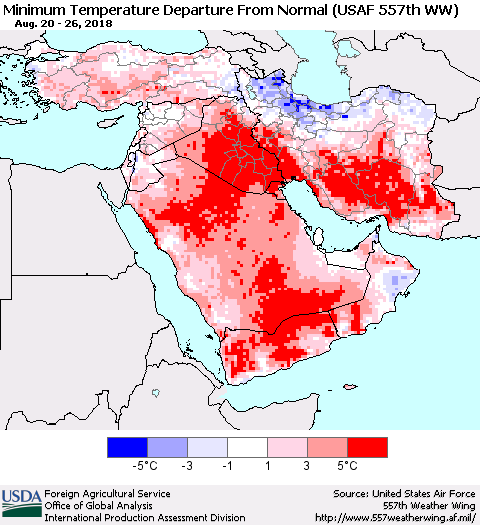 Middle East and Turkey Mean Minimum Temperature Departure from Normal (USAF 557th WW) Thematic Map For 8/20/2018 - 8/26/2018