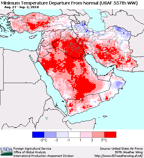Middle East and Turkey Mean Minimum Temperature Departure from Normal (USAF 557th WW) Thematic Map For 8/27/2018 - 9/2/2018