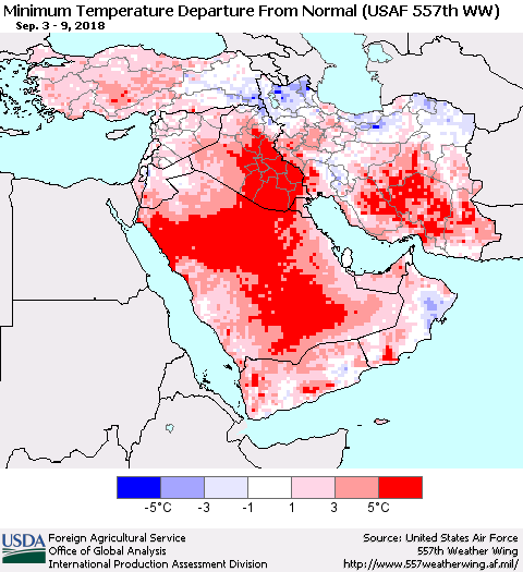 Middle East and Turkey Mean Minimum Temperature Departure from Normal (USAF 557th WW) Thematic Map For 9/3/2018 - 9/9/2018