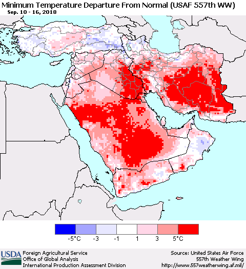 Middle East and Turkey Mean Minimum Temperature Departure from Normal (USAF 557th WW) Thematic Map For 9/10/2018 - 9/16/2018