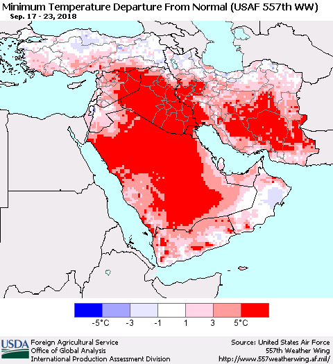 Middle East and Turkey Mean Minimum Temperature Departure from Normal (USAF 557th WW) Thematic Map For 9/17/2018 - 9/23/2018