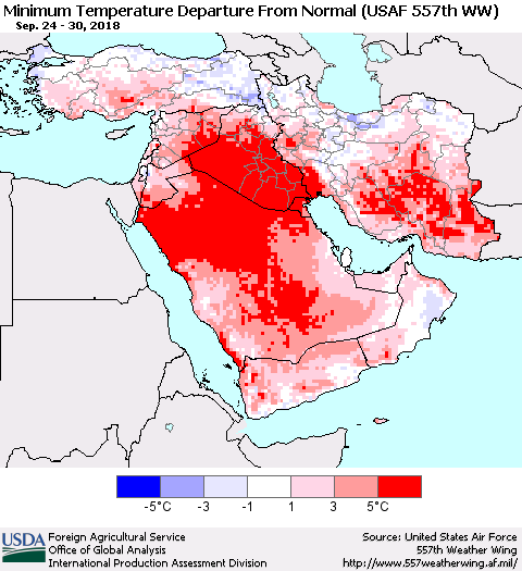 Middle East and Turkey Mean Minimum Temperature Departure from Normal (USAF 557th WW) Thematic Map For 9/24/2018 - 9/30/2018