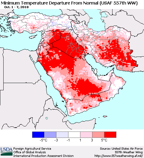Middle East and Turkey Mean Minimum Temperature Departure from Normal (USAF 557th WW) Thematic Map For 10/1/2018 - 10/7/2018