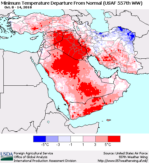 Middle East and Turkey Mean Minimum Temperature Departure from Normal (USAF 557th WW) Thematic Map For 10/8/2018 - 10/14/2018