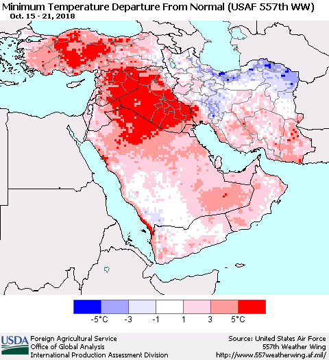 Middle East and Turkey Mean Minimum Temperature Departure from Normal (USAF 557th WW) Thematic Map For 10/15/2018 - 10/21/2018