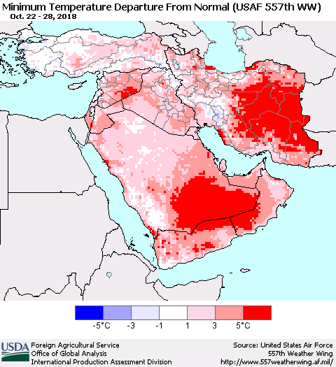 Middle East and Turkey Mean Minimum Temperature Departure from Normal (USAF 557th WW) Thematic Map For 10/22/2018 - 10/28/2018
