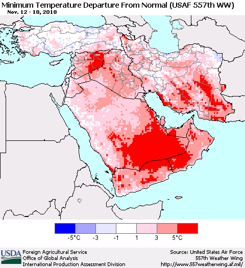 Middle East and Turkey Mean Minimum Temperature Departure from Normal (USAF 557th WW) Thematic Map For 11/12/2018 - 11/18/2018