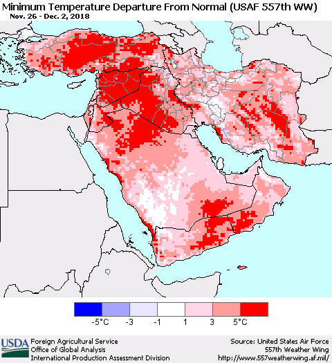 Middle East and Turkey Mean Minimum Temperature Departure from Normal (USAF 557th WW) Thematic Map For 11/26/2018 - 12/2/2018