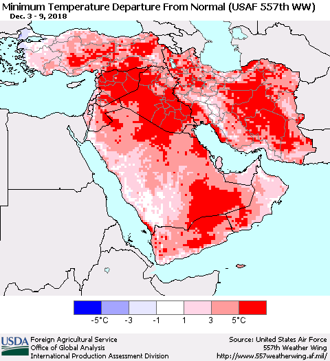 Middle East and Turkey Mean Minimum Temperature Departure from Normal (USAF 557th WW) Thematic Map For 12/3/2018 - 12/9/2018