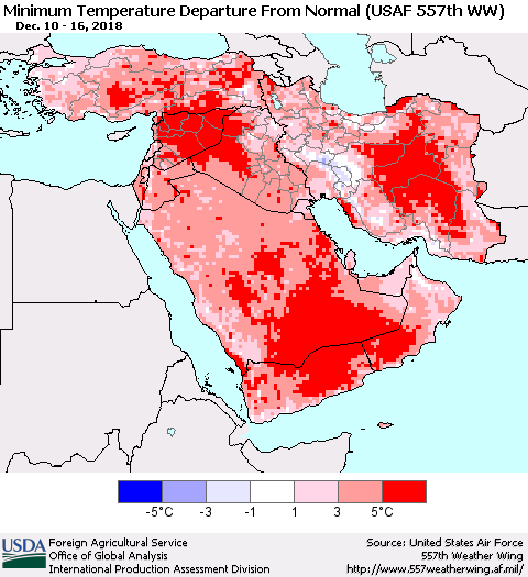 Middle East and Turkey Mean Minimum Temperature Departure from Normal (USAF 557th WW) Thematic Map For 12/10/2018 - 12/16/2018