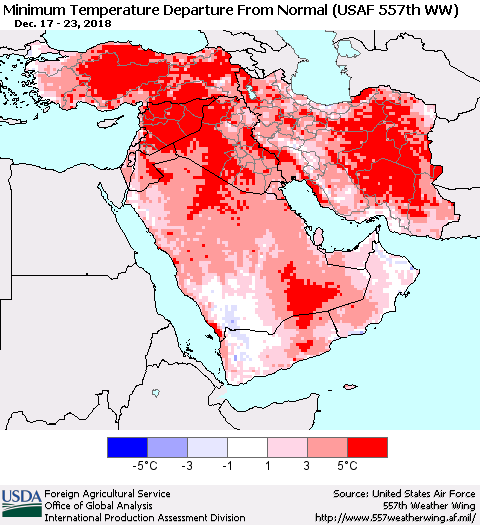 Middle East and Turkey Mean Minimum Temperature Departure from Normal (USAF 557th WW) Thematic Map For 12/17/2018 - 12/23/2018