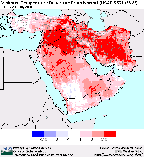Middle East and Turkey Mean Minimum Temperature Departure from Normal (USAF 557th WW) Thematic Map For 12/24/2018 - 12/30/2018