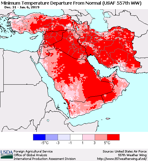 Middle East and Turkey Mean Minimum Temperature Departure from Normal (USAF 557th WW) Thematic Map For 12/31/2018 - 1/6/2019