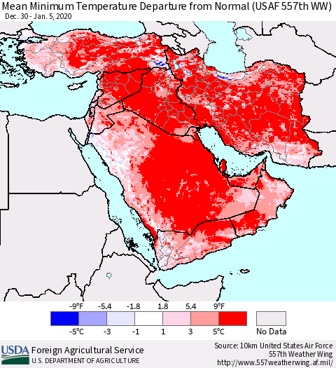 Middle East and Turkey Mean Minimum Temperature Departure from Normal (USAF 557th WW) Thematic Map For 12/30/2019 - 1/5/2020