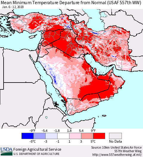 Middle East and Turkey Mean Minimum Temperature Departure from Normal (USAF 557th WW) Thematic Map For 1/6/2020 - 1/12/2020