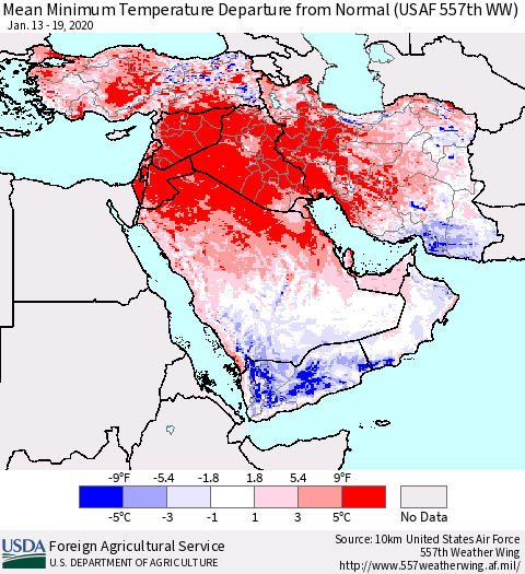 Middle East and Turkey Mean Minimum Temperature Departure from Normal (USAF 557th WW) Thematic Map For 1/13/2020 - 1/19/2020