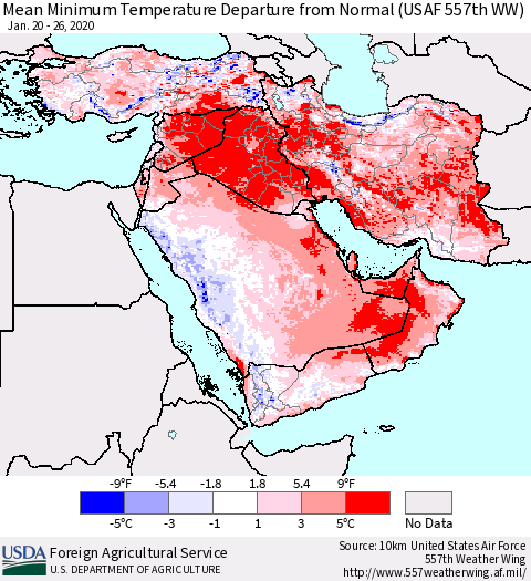 Middle East and Turkey Mean Minimum Temperature Departure from Normal (USAF 557th WW) Thematic Map For 1/20/2020 - 1/26/2020