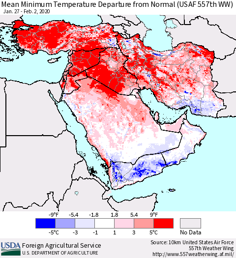 Middle East and Turkey Mean Minimum Temperature Departure from Normal (USAF 557th WW) Thematic Map For 1/27/2020 - 2/2/2020
