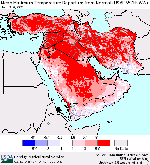 Middle East and Turkey Mean Minimum Temperature Departure from Normal (USAF 557th WW) Thematic Map For 2/3/2020 - 2/9/2020