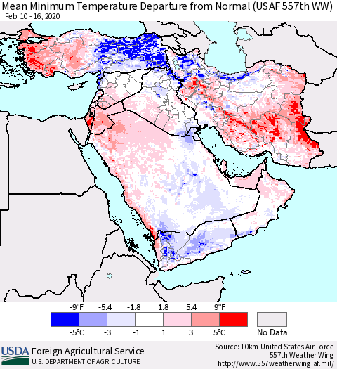 Middle East and Turkey Mean Minimum Temperature Departure from Normal (USAF 557th WW) Thematic Map For 2/10/2020 - 2/16/2020