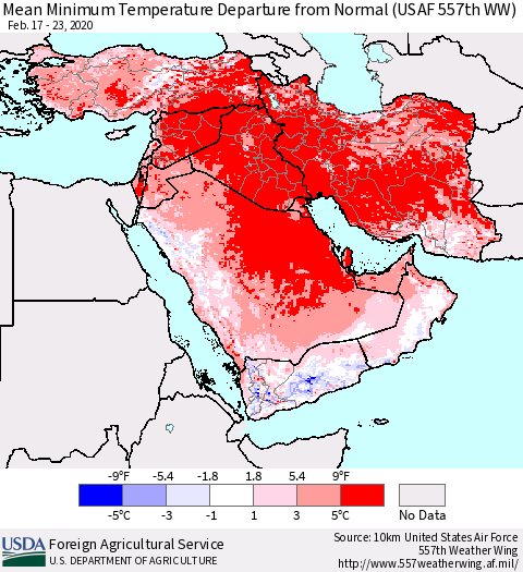 Middle East and Turkey Mean Minimum Temperature Departure from Normal (USAF 557th WW) Thematic Map For 2/17/2020 - 2/23/2020