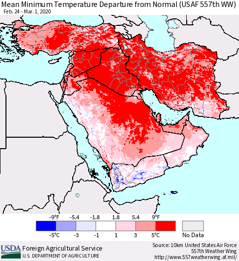 Middle East and Turkey Mean Minimum Temperature Departure from Normal (USAF 557th WW) Thematic Map For 2/24/2020 - 3/1/2020