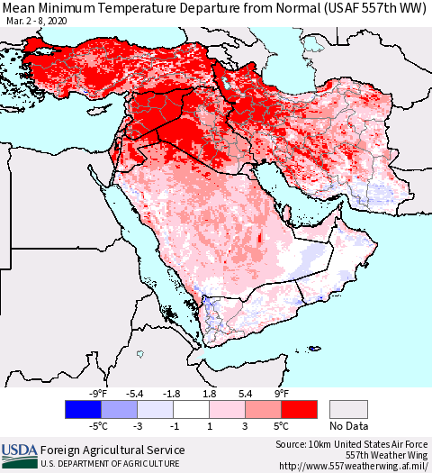 Middle East and Turkey Mean Minimum Temperature Departure from Normal (USAF 557th WW) Thematic Map For 3/2/2020 - 3/8/2020