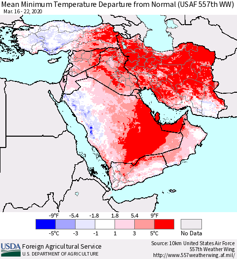 Middle East and Turkey Mean Minimum Temperature Departure from Normal (USAF 557th WW) Thematic Map For 3/16/2020 - 3/22/2020